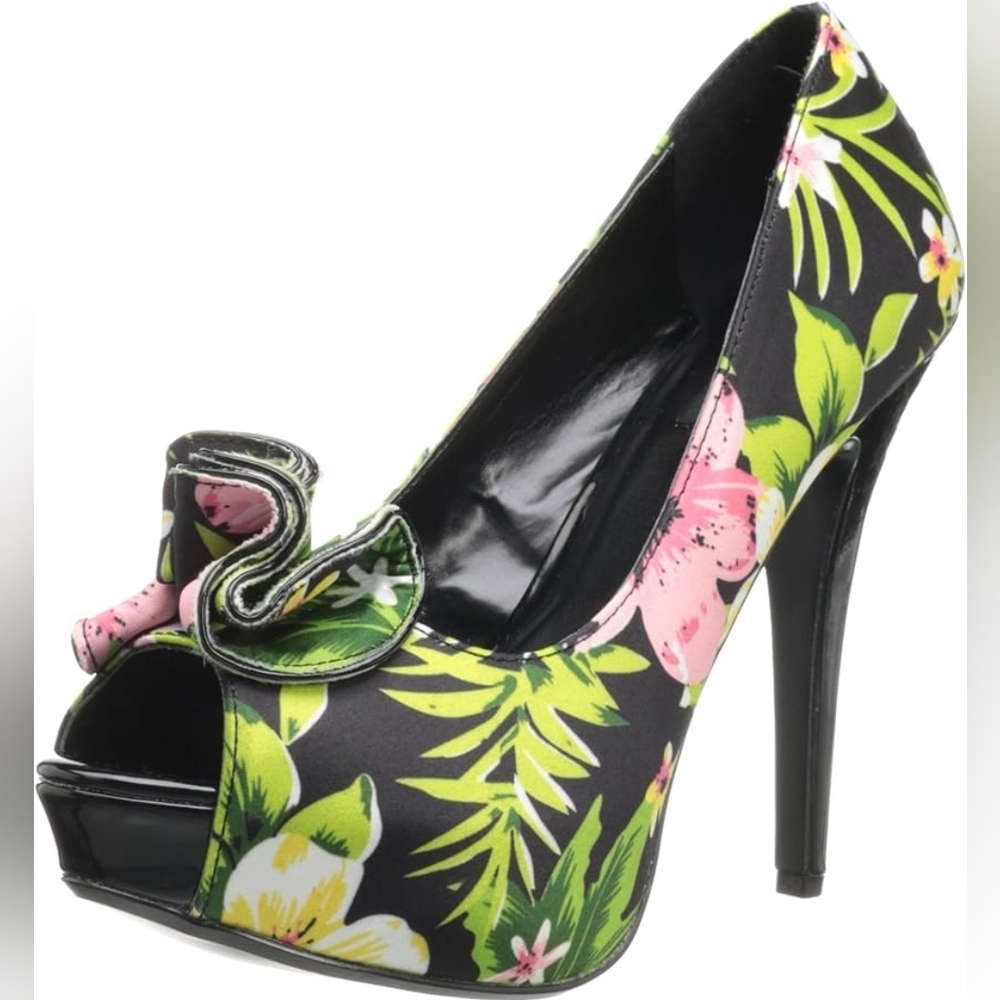 Black Floral Print Fabric Peep Toe Pin-Up Coutour Heels Lolita-11